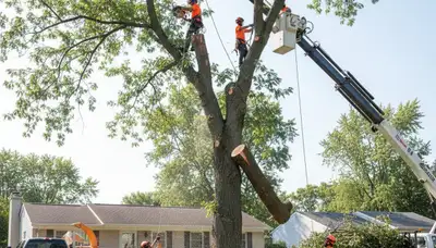 Professional tree removal crew safely cutting large tree with crane at Troy, NY residential property