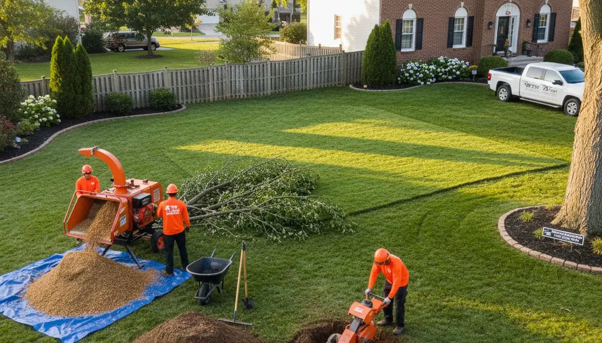 Clean yard after professional tree removal and stump grinding in Troy, NY with crew finishing site cleanup