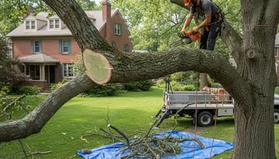 Arborist removing dead branches from mature tree in Troy, NY for safe, professional tree trimming service