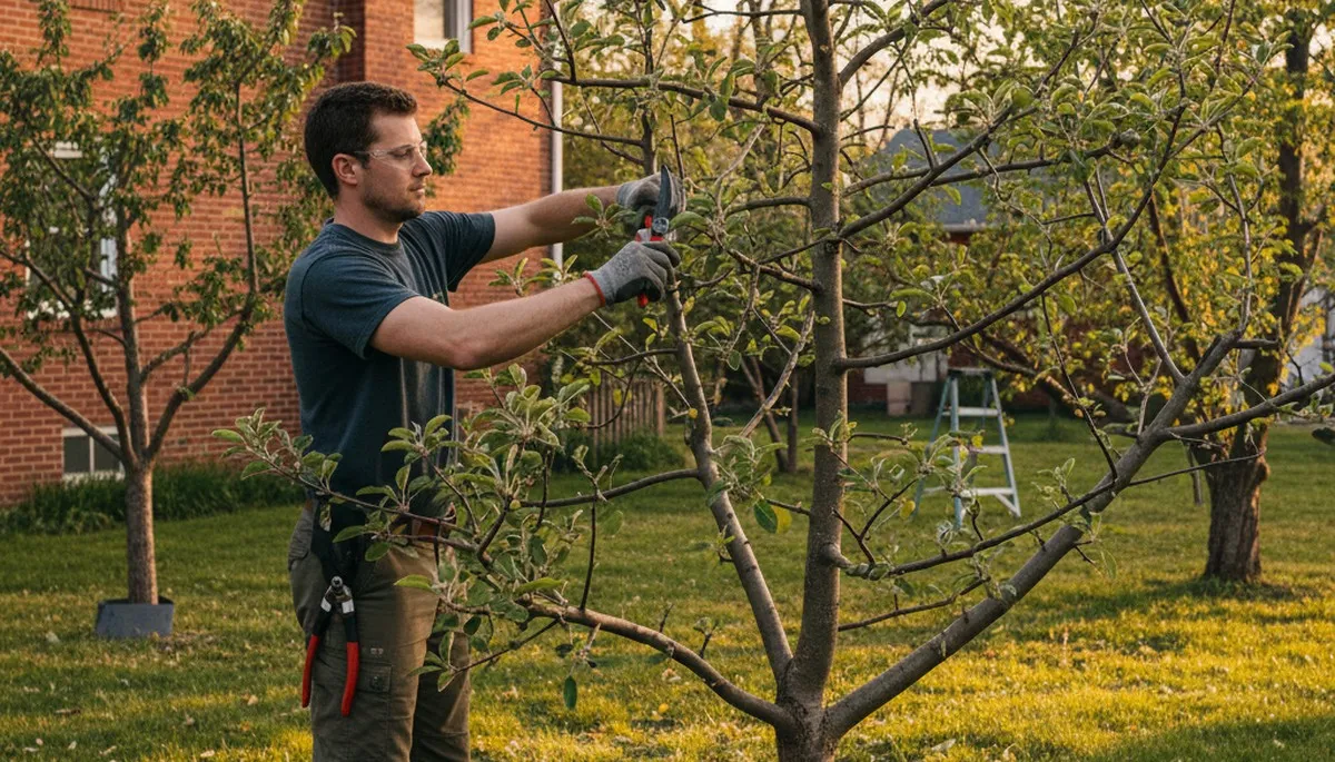 Arborist pruning fruit tree in Troy, NY backyard orchard for healthy growth and expert tree care