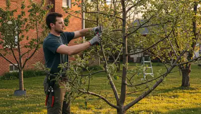 Arborist pruning fruit tree in Troy, NY backyard orchard for healthy growth and expert tree care