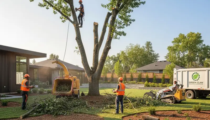 Professional landscaping and tree removal team working in a residential yard in Troy, NY