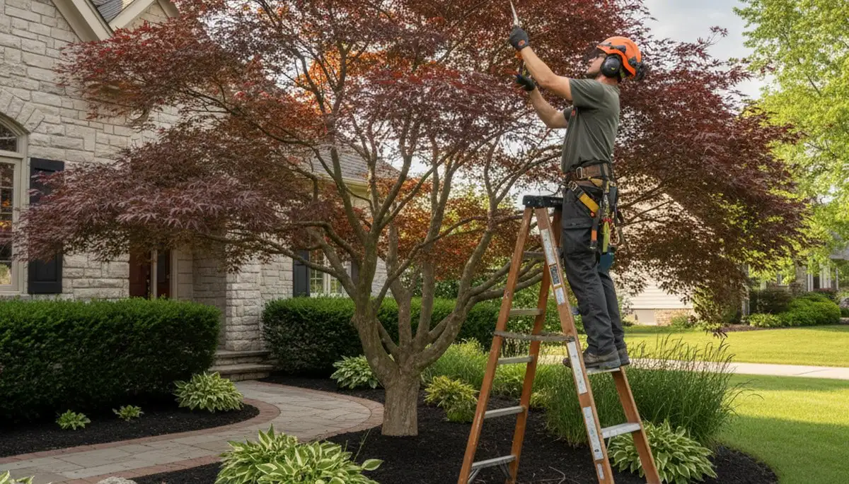 Arborist hand pruning ornamental Japanese maple for curb appeal in Troy, NY landscape