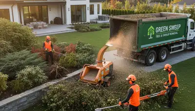 Professional shrub removal service crew clearing overgrown bushes in Troy, NY yard