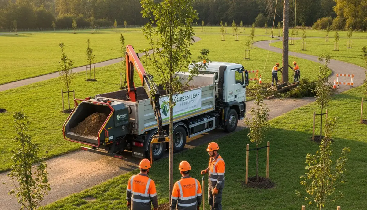 Arborist planting young tree in residential yard, professional tree planting service Troy NY