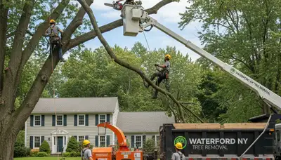 Professional tree removal service in Troy, NY safely clearing large oak from residential yard
