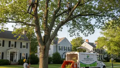 Professional tree removal service in Troy, NY safely cutting and clearing large oak tree branches