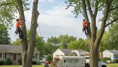 Professional tree removal service in Troy, NY safely cutting and clearing large backyard trees